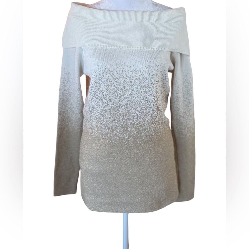 Soho White And Gold Off-Shoulder Sparkle Sweater With 3/4 Length Sleeves Size M